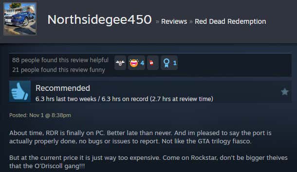 Screenshot of the article titled Red Dead Redemption Remaster, As Reported by Steam Reviews